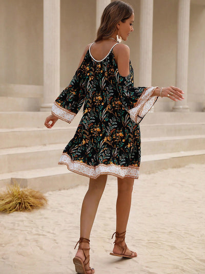 Garden Dreaming: Women's Off-Shoulder Floral Print Trumpet Sleeves Dress