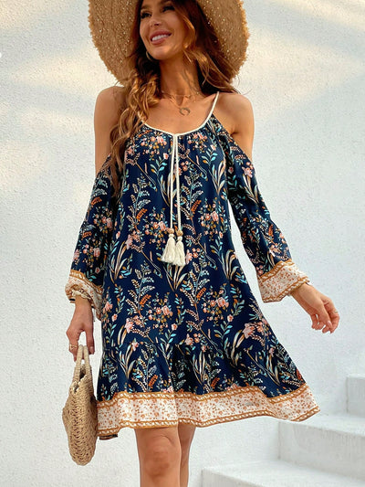 Garden Dreaming: Women's Off-Shoulder Floral Print Trumpet Sleeves Dress