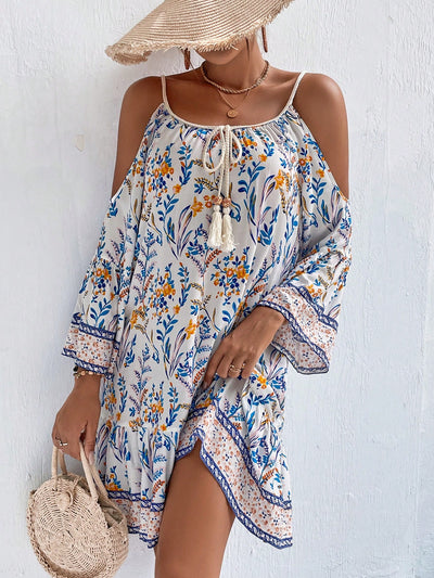 Garden Dreaming: Women's Off-Shoulder Floral Print Trumpet Sleeves Dress