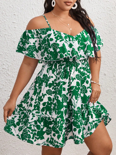 "Step into Spring with our Pretty in Plant Prints: Off-Shoulder Plus Size Dress. This dress features a flattering off-shoulder design and a vibrant plant print that is perfect for any occasion. Made with high-quality fabric, it provides both style and comfort. Available in plus sizes."