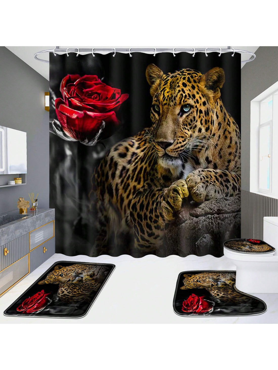 Transform your bathroom into a luxurious oasis with our Leopard Rose Bathroom Bliss set. This 4-piece set includes a stylish <a href="https://canaryhouze.com/collections/shower-curtain" target="_blank" rel="noopener">shower curtain</a> and coordinating rugs for a complete and cohesive look. Made with high-quality materials, this set adds an elegant touch to any bathroom.