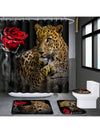 Leopard Rose Bathroom Bliss: 4-Piece Shower Curtain Set with Rugs