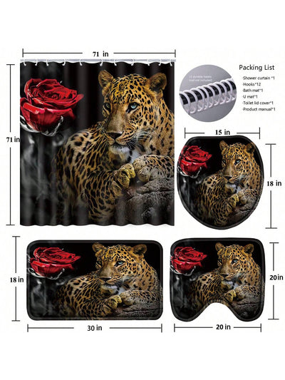 Leopard Rose Bathroom Bliss: 4-Piece Shower Curtain Set with Rugs