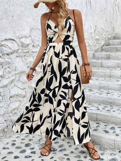 Vacay Vibes: Hollow Out Twist Halter Neck Printed Dress