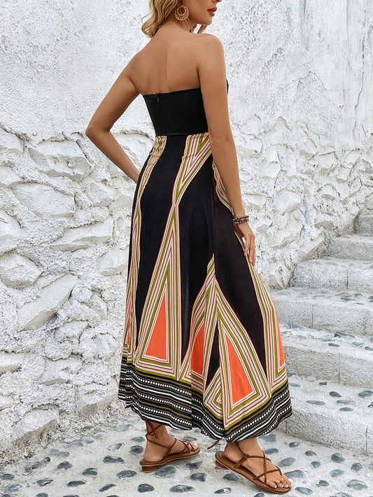 Geometric Chic: Patchwork Strapless Slit Dress