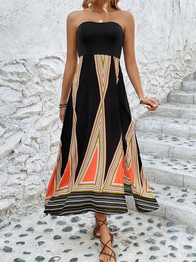 Geometric Chic: Patchwork Strapless Slit Dress