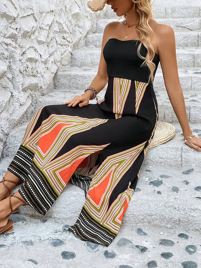 Geometric Chic: Patchwork Strapless Slit Dress