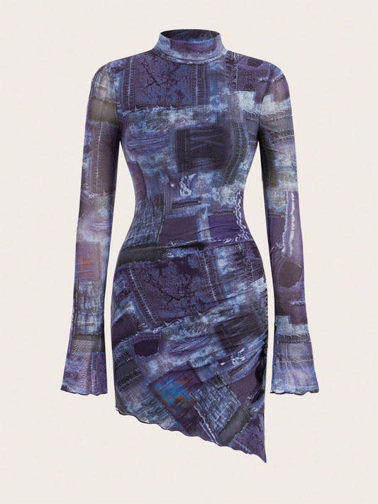 Patchwork Perfection: Long Sleeve Asymmetrical Hem Printed Dress