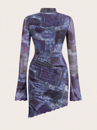 Patchwork Perfection: Long Sleeve Asymmetrical Hem Printed Dress