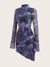 Patchwork Perfection: Long Sleeve Asymmetrical Hem Printed Dress