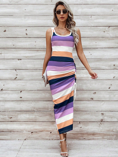 Effortlessly Chic: Women's Drawstring Side Color Block Striped Sleeveless Dress