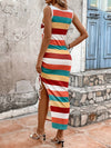 Effortlessly Chic: Women's Drawstring Side Color Block Striped Sleeveless Dress