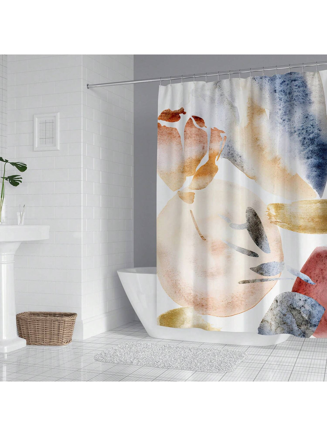 This stylish marble pattern <a href="https://canaryhouze.com/collections/shower-curtain" target="_blank" rel="noopener">shower curtain</a> features blue and orange stripes to elevate your bathroom decor. Made with a durable liner, it measures 180x180cm for full coverage. Add a touch of sophistication and functionality to your daily routine.