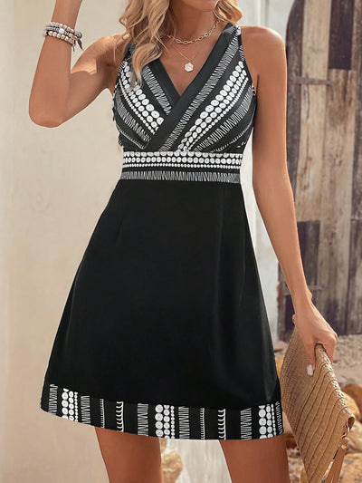 Chic and Trendy: Women's Geometric Printed Sleeveless V-Neck Dress