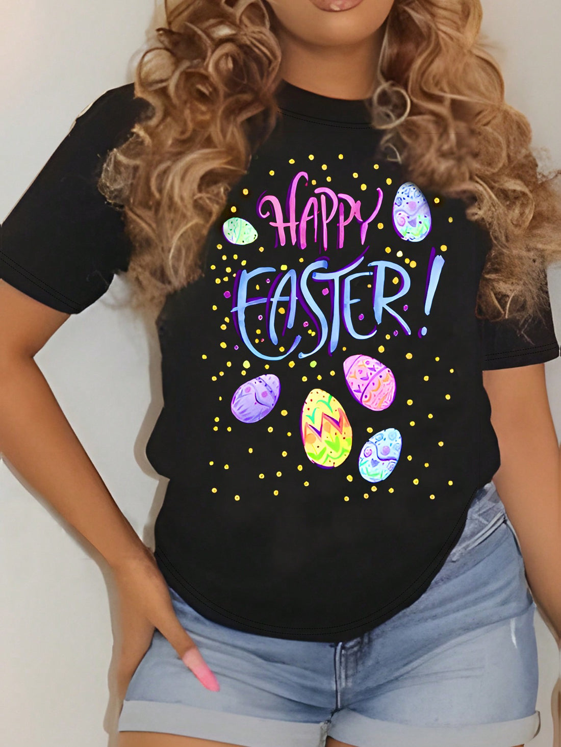 Celebrate Easter in style with our Egg-citing Easter T-shirt! Made for plus size women, this shirt features a fun Easter egg print and short sleeves. Perfect for adding a touch of holiday spirit to your wardrobe.