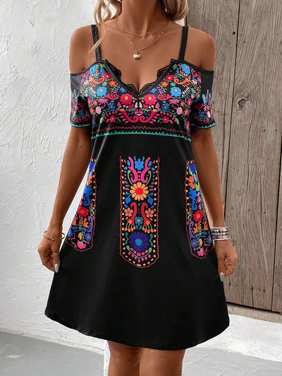 Floral Elegance: Off-The-Shoulder Dress with Patchwork Lace Detail