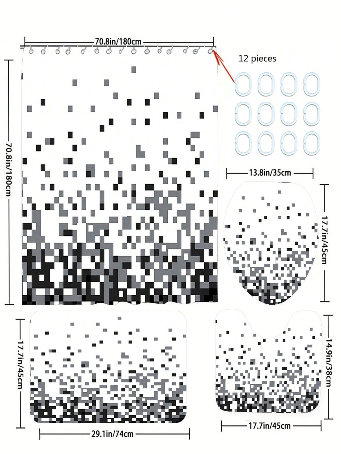 Create a sleek, modern bathroom with our Pixelated Black <a href="https://canaryhouze.com/collections/shower-curtain" target="_blank" rel="noopener">Bathroom Decor Set</a>. This set includes a shower curtain and non-slip rug, perfect for adding a stylish touch to any bathroom. The pixelated black design adds an eye-catching element, while the rug provides safety and comfort. Elevate your bathroom with this stunning set.