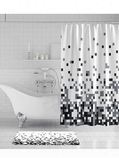 Pixelated Black Bathroom Decor Set with Shower Curtain and non-slip Rug