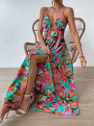 Vibrant Visions: Printed V-Neck Hollow-Out Slit Dress