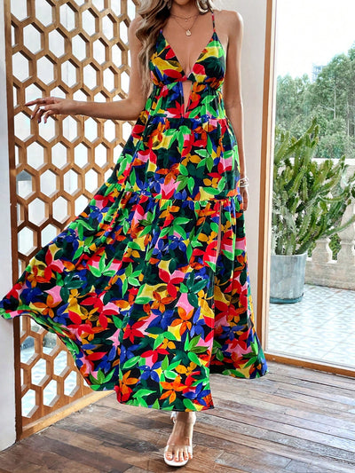 Vibrant Visions: Printed V-Neck Hollow-Out Slit Dress