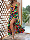 Vibrant Visions: Printed V-Neck Hollow-Out Slit Dress