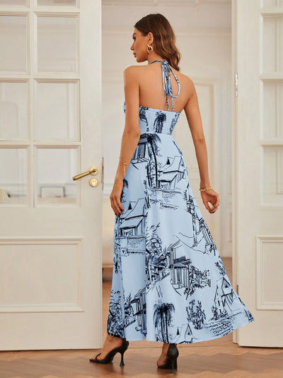 Cozy and Chic: Houses Print Halter Neck Casual Dress
