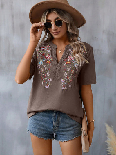 Blooming Beauty: Women's Floral Embroidery T-Shirt with Notched Collar