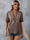 Blooming Beauty: Women's Floral Embroidery T-Shirt with Notched Collar