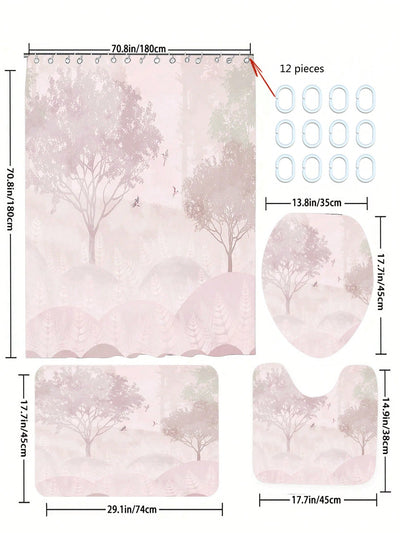 Pink Tree Print Bathroom Shower Set: Includes Curtain, Bath Mat, and Hooks for a Stylish and Functional Bathroom Makeover