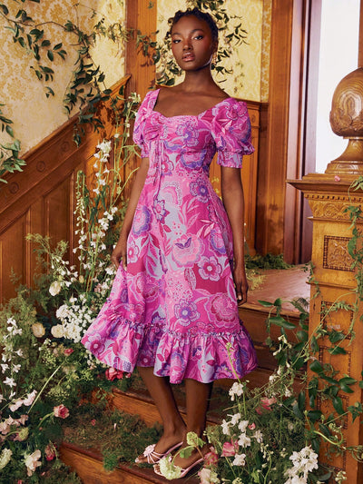 Blooming Elegance: Floral Printed Puff Sleeve Midi Dress