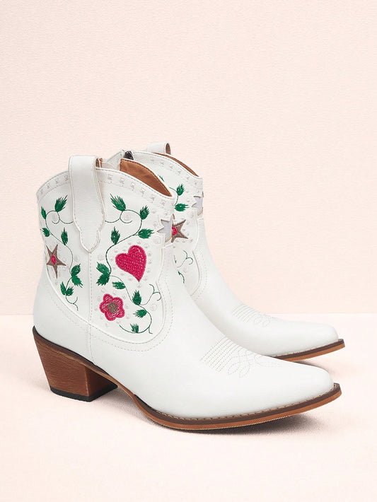 These Floral Heart Design Ankle Boots are the epitome of style and sophistication. The delicate embroidery and unique floral heart design add a touch of elegance to any outfit. With a crisp white color, these boots will make a statement while keeping you comfortable all day long.