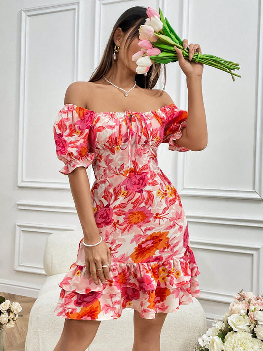 This elegant dress features a flowy off-shoulder design, pretty puff sleeves, and a feminine ruffle hem. Perfect for any occasion, dress it up with heels or keep it casual with sandals. The subtle floral print adds a touch of romance and the comfortable fabric ensures comfort all day long.