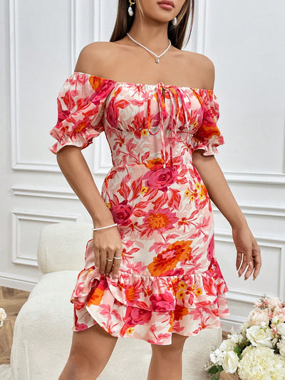 Floral Dream: Off-Shoulder Puff Sleeve Ruffle Hem Dress