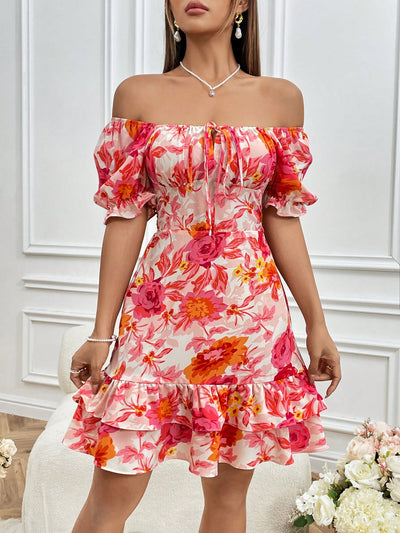 Floral Dream: Off-Shoulder Puff Sleeve Ruffle Hem Dress