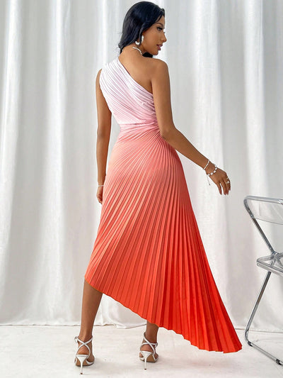 Radiant Rainbow: One-Shoulder Cut Out Waist Pleated Gradient Asymmetrical Hem Dress