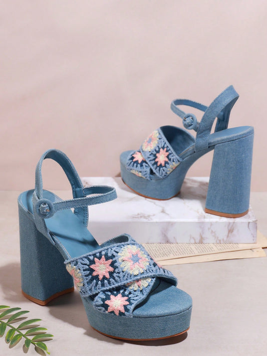 Floral Beauty: Women's Blue High Heel Sandals with Floral Pattern Design