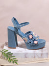 Floral Beauty: Women's Blue High Heel Sandals with Floral Pattern Design