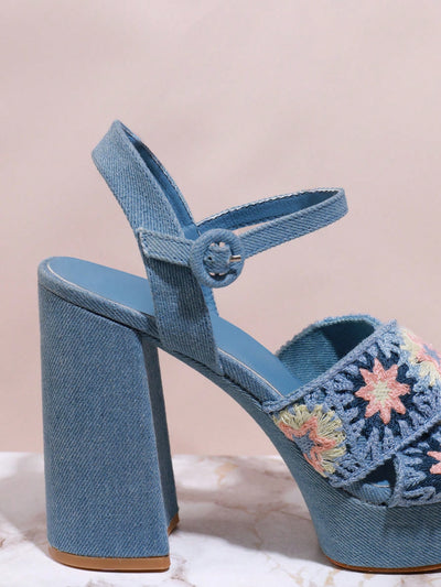 Floral Beauty: Women's Blue High Heel Sandals with Floral Pattern Design