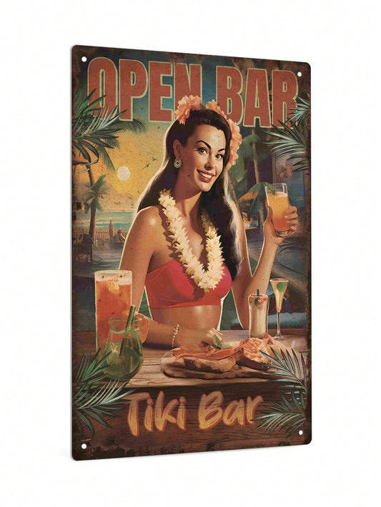 Vintage Metal Tin Sign: Open Bar Tiki Bar Wall Art for Home, Farmhouse, Bar, Pub, Club, Man Cave