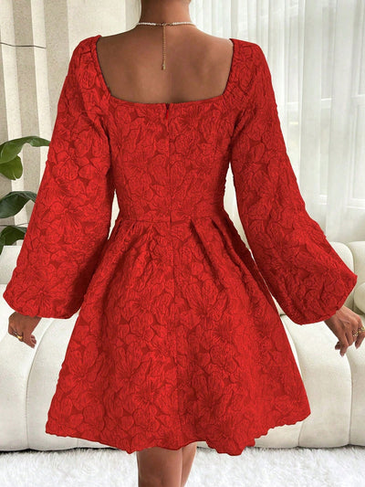 Chic and Elegant: Jacquard Square Neck Lantern Sleeve Dress