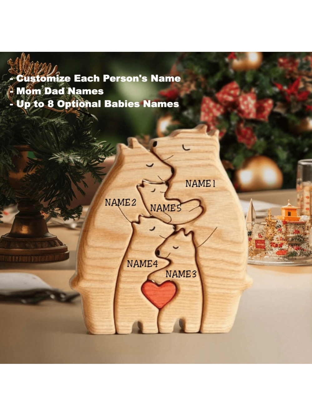This Personalized Wooden Bears Family Puzzle is the perfect addition to any home decor, bringing a charming and unique touch to any room. Not only is it a great decorative piece, but it also makes for a thoughtful and customizable gift for any occasion. Made with high-quality wood, this puzzle is both durable and visually appealing.