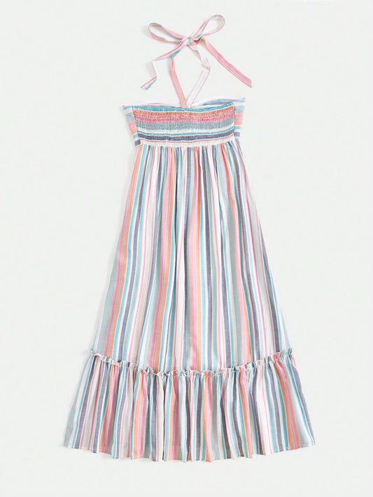 Chic and Colorful: Women's Multicolor Striped Halter Summer Beach Maxi Dress