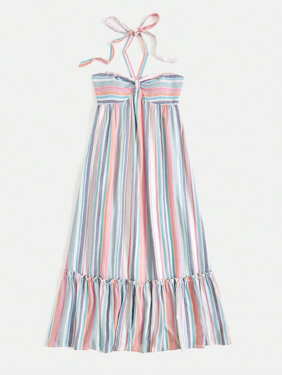 Chic and Colorful: Women's Multicolor Striped Halter Summer Beach Maxi Dress