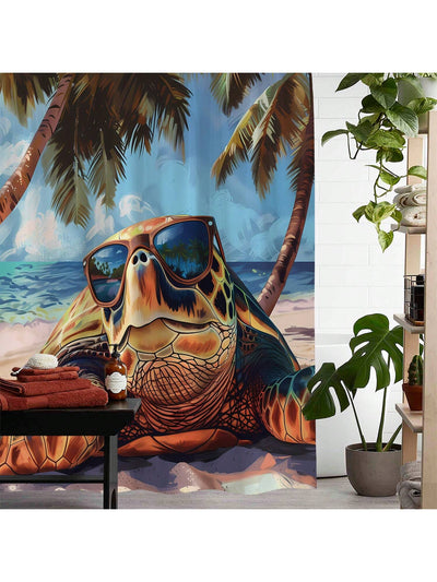 Coastal Dreams: Beach Coconut Tree Turtle Printed Shower Curtain - Waterproof Bath Decor