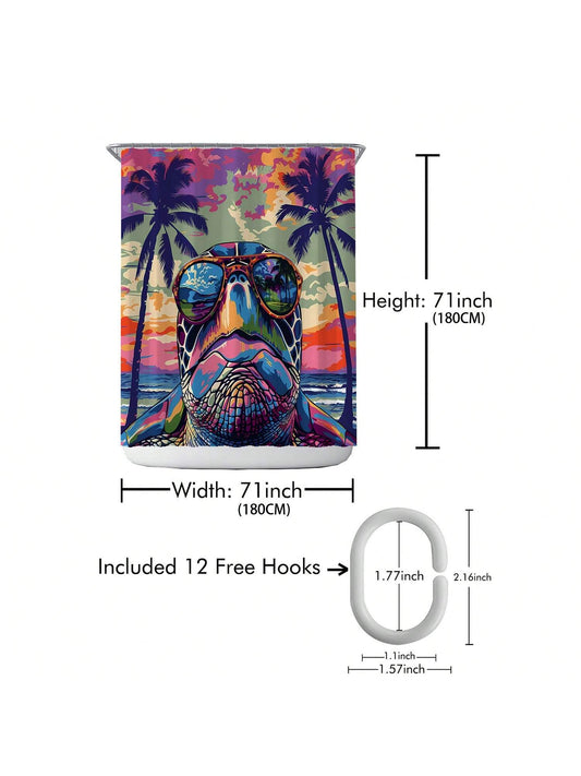 Coastal Dreams: Beach Coconut Tree Turtle Printed Shower Curtain - Waterproof Bath Decor