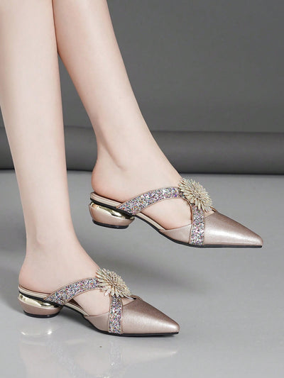 Sparkling Elegance: Rhinestone Detail Chunky Heel Shoes with Cut-Out Back Design