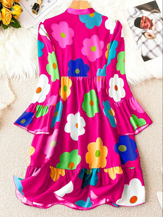 Graceful Unity: Flower Print Bell Sleeves Shirt Dress