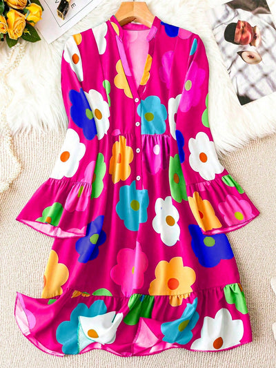 Graceful Unity: Flower Print Bell Sleeves Shirt Dress