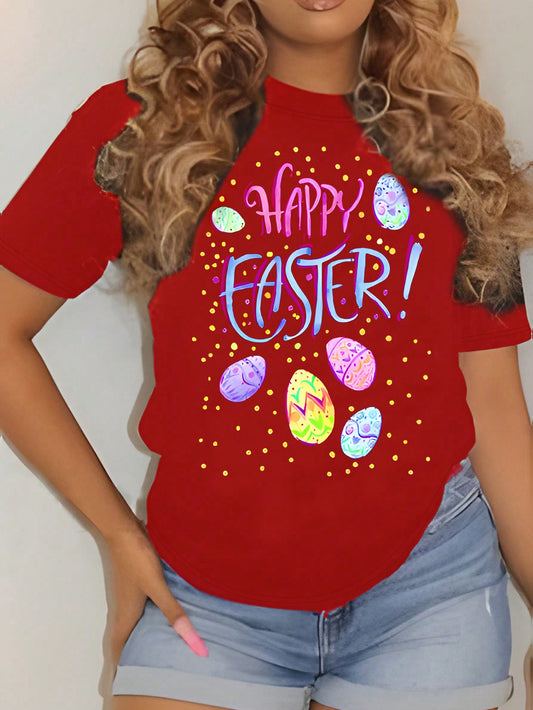Celebrate Easter in style with our Egg-citing Easter T-shirt! Made for plus size women, this shirt features a fun Easter egg print and short sleeves. Perfect for adding a touch of holiday spirit to your wardrobe.