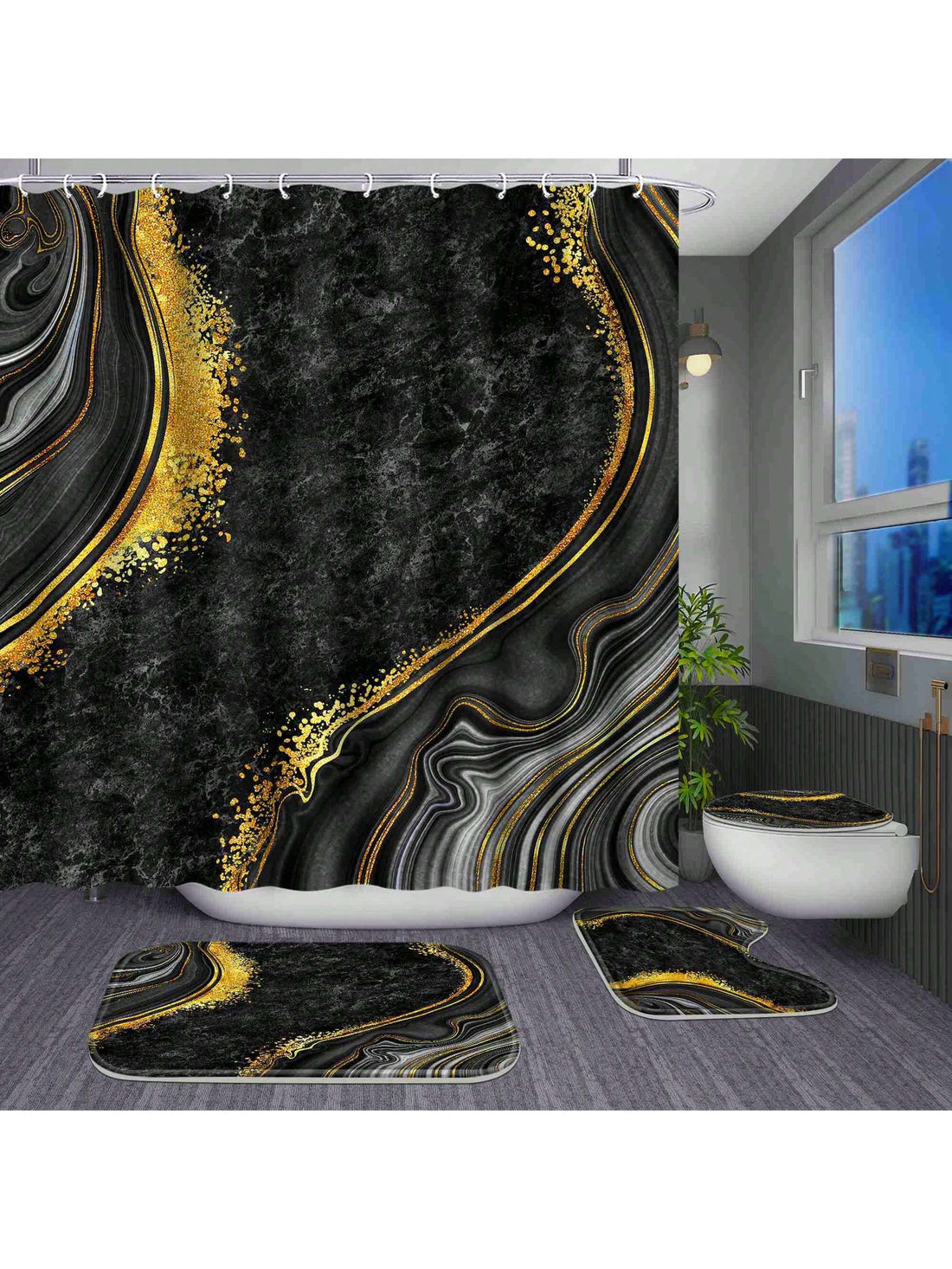 Elevate your bathroom with our Black Marble Bathroom Bliss 4-piece set, including a <a href="https://canaryhouze.com/collections/shower-curtain" target="_blank" rel="noopener">shower curtain</a>, rugs, bath mat, U-Shape, toilet lid cover, and hooks. The sleek black marble design is sure to add a touch of sophistication to your space. Enjoy a cohesive and stylish bathroom experience with this all-in-one set.